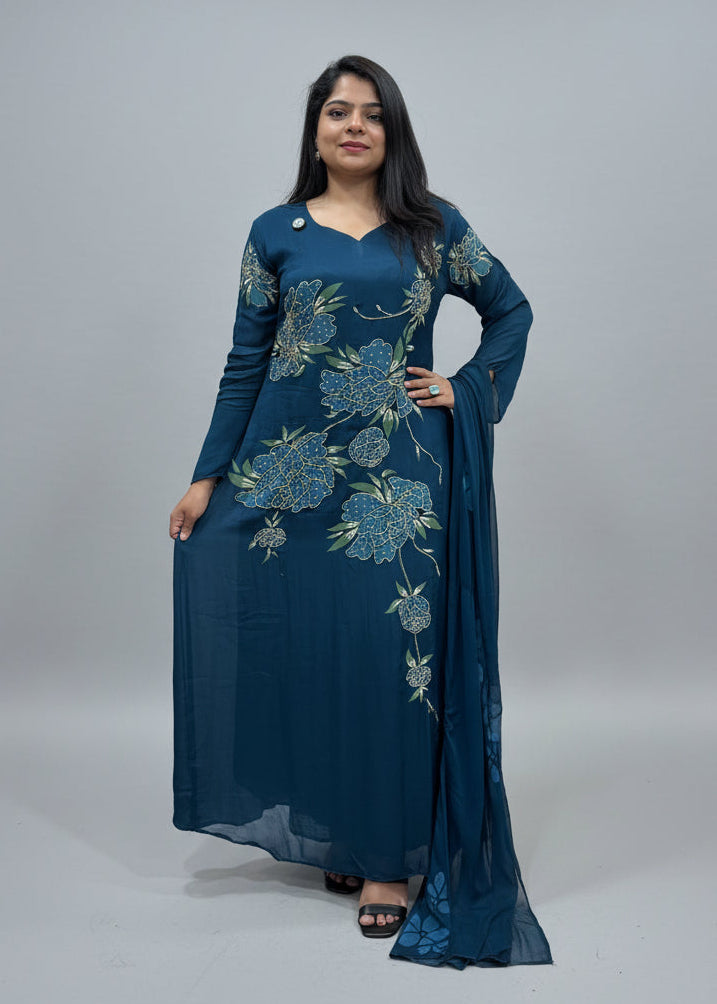 Dark Blue Anarkali Chinnon Hand Embroidery Kurtha 513