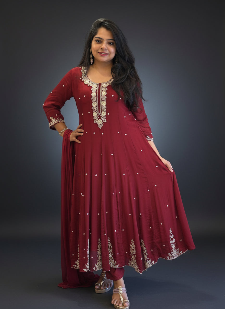 Maroon Anarkali Chinnon Hand Embroidery Kurtha 567