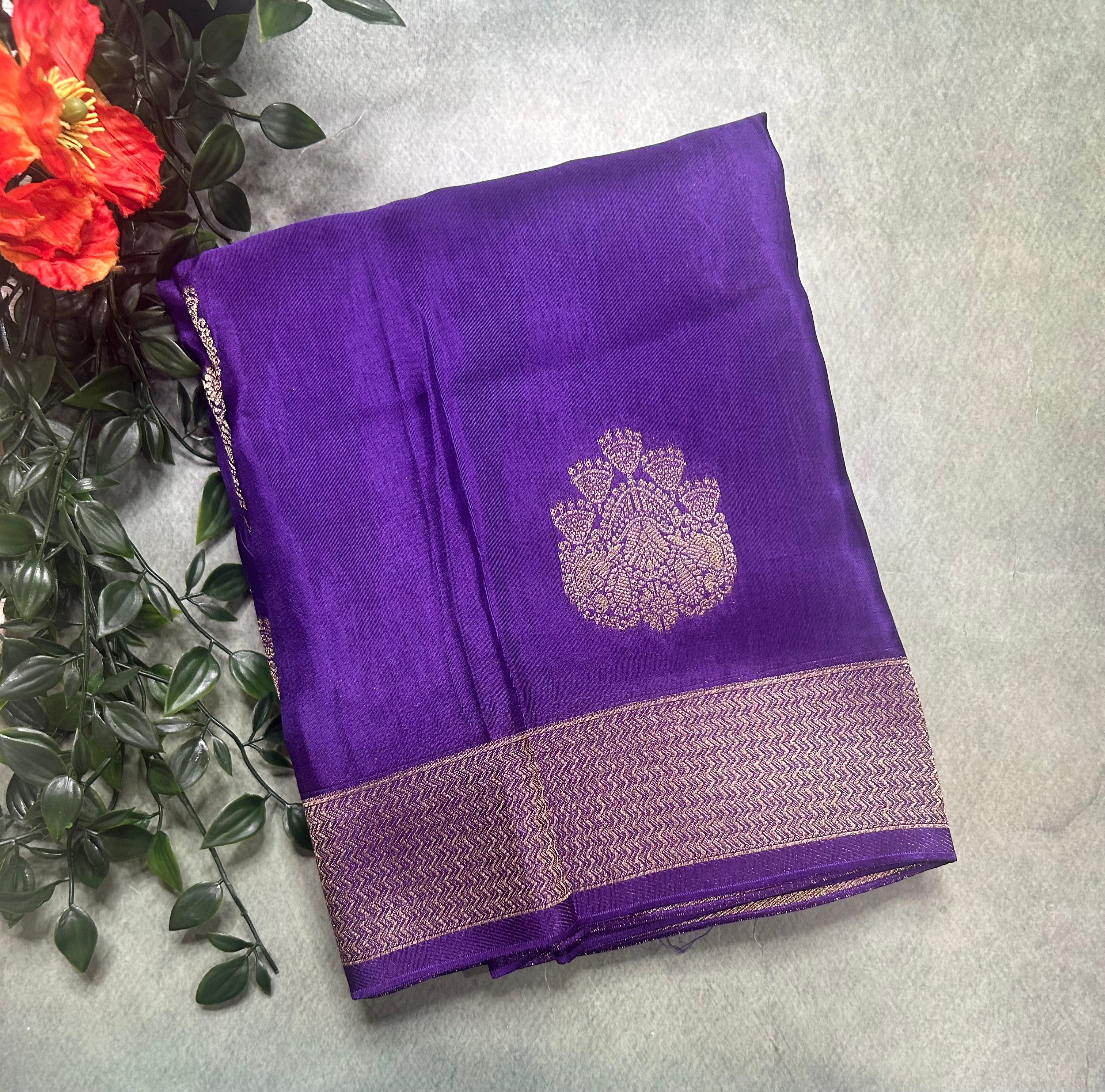 Purple big Butta contrast semi Mysore crepe 105 saree