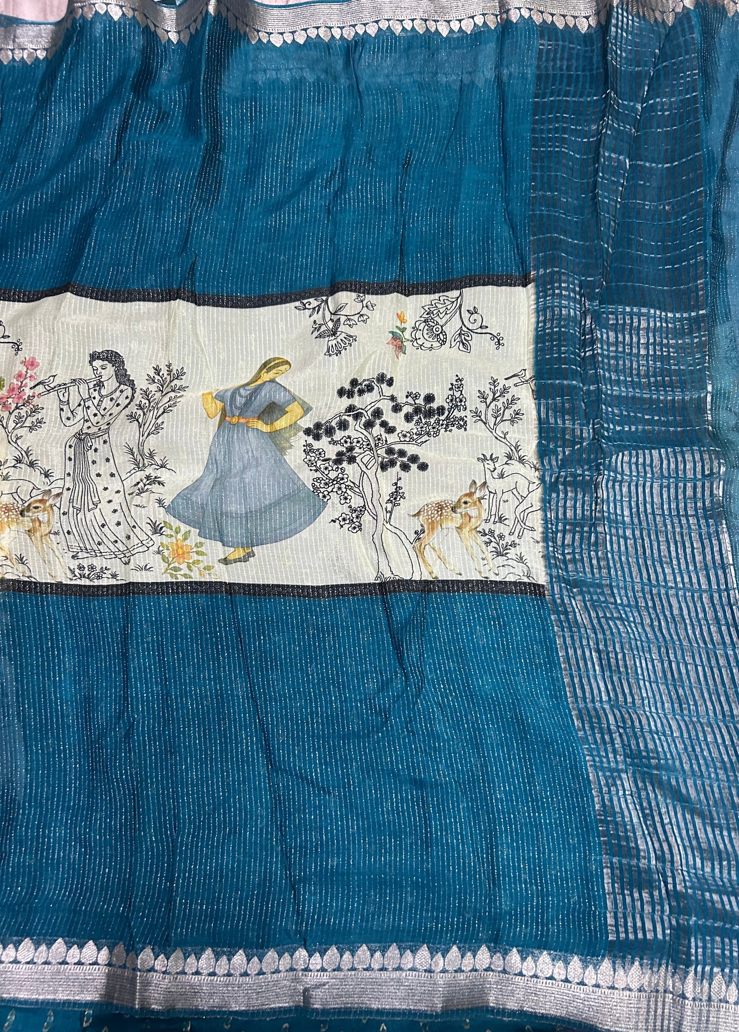 Peacock blue digital print viscose saree