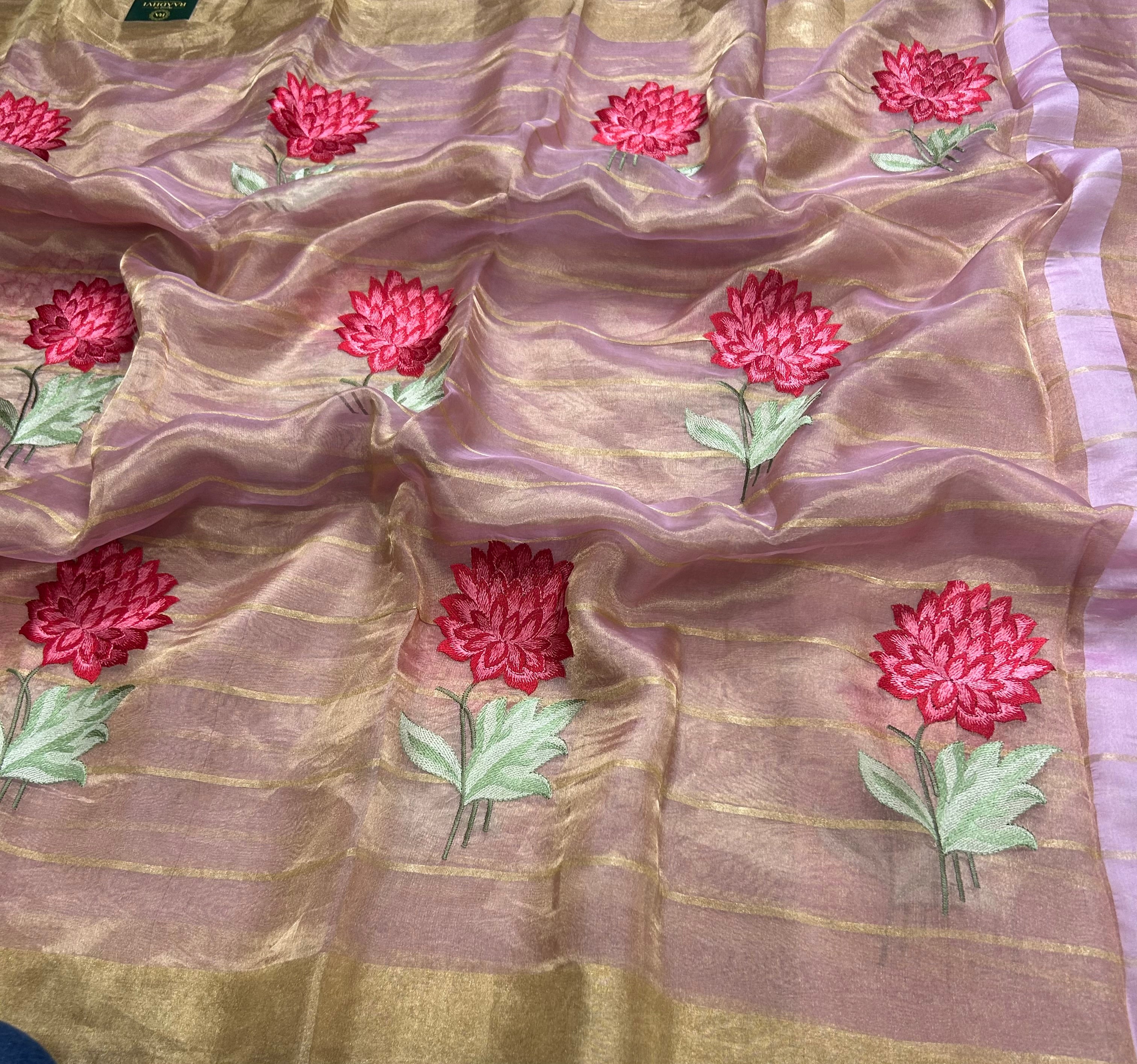 Pink floral embroidery work pure tissue organza 105 saree
