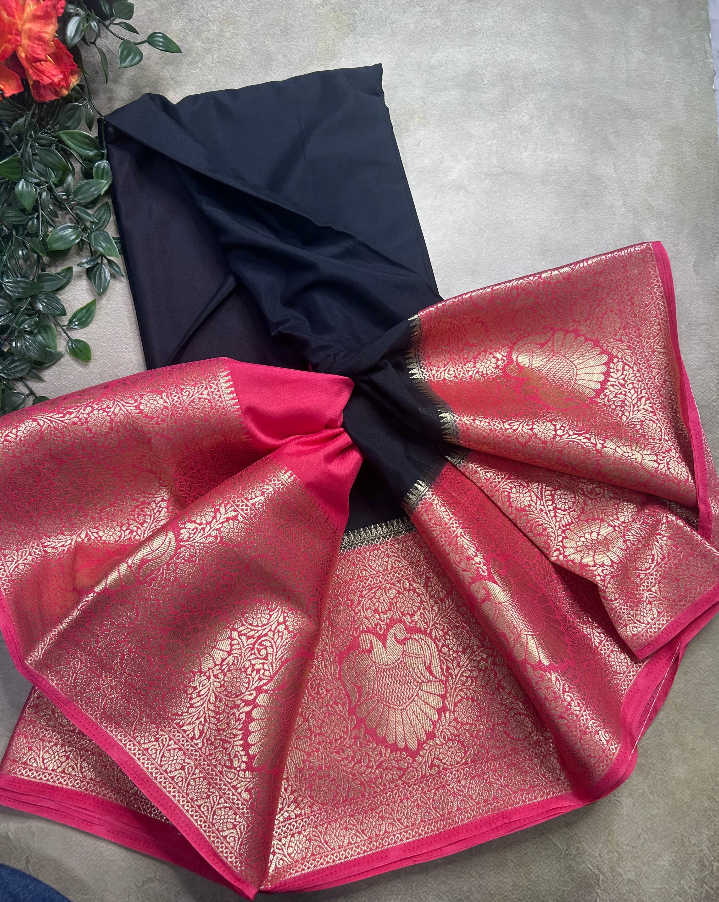 Black contrast long border soft semi Mysore crepe 106 saree