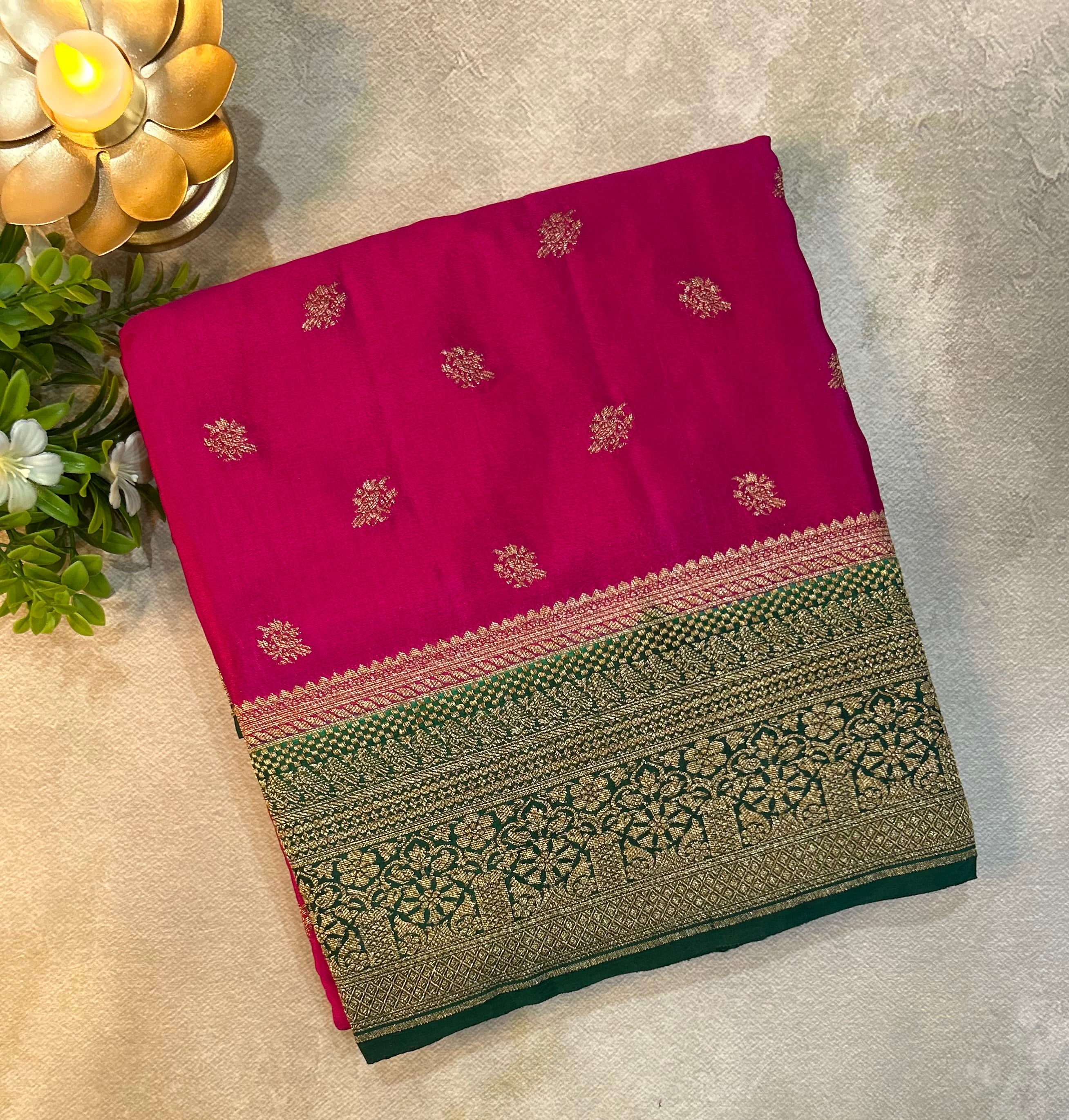 Pink n green small Butta pure banarasi crepe-10 silk saree