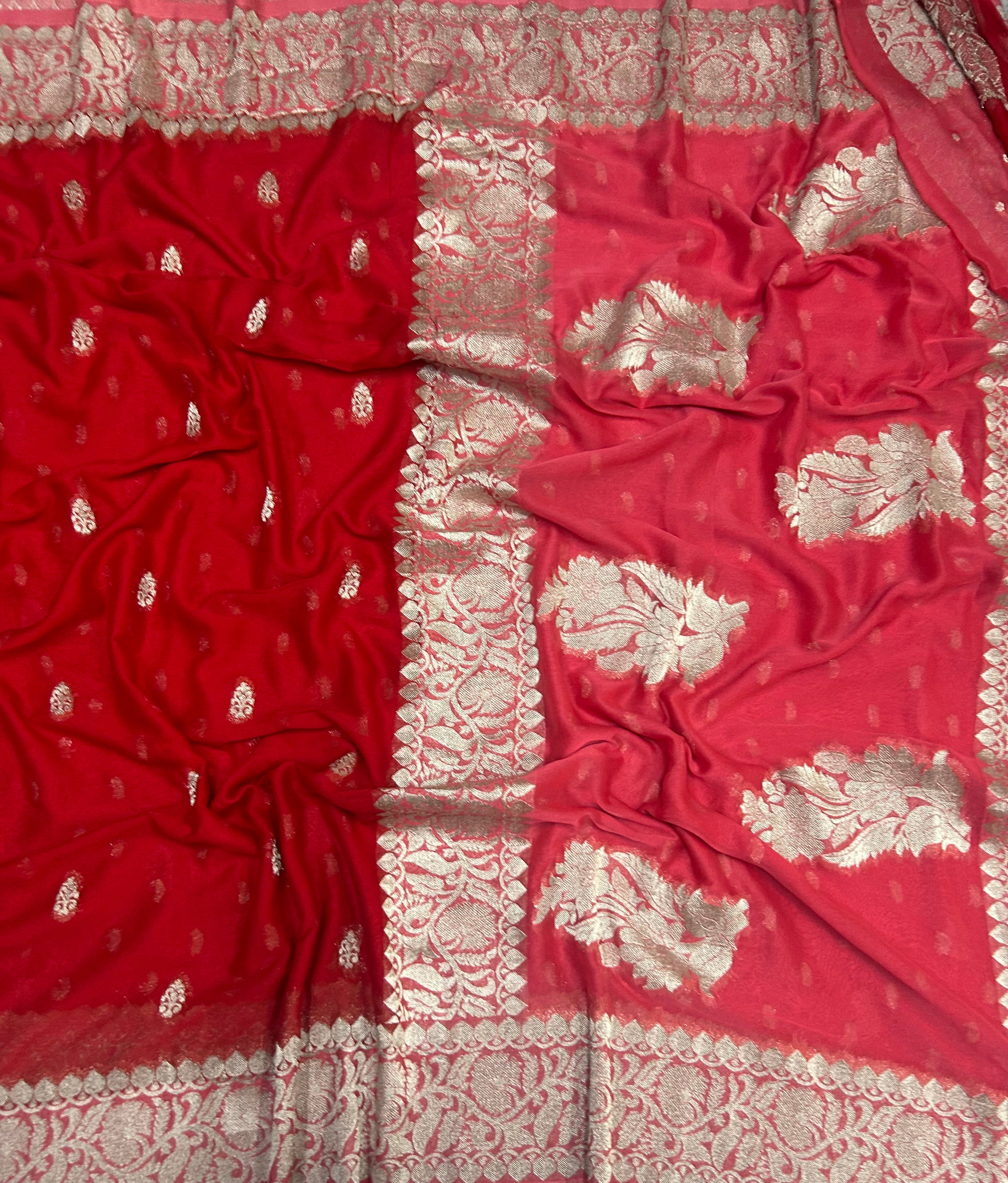 Red small Butta semi chiffon Benarasi 105 saree