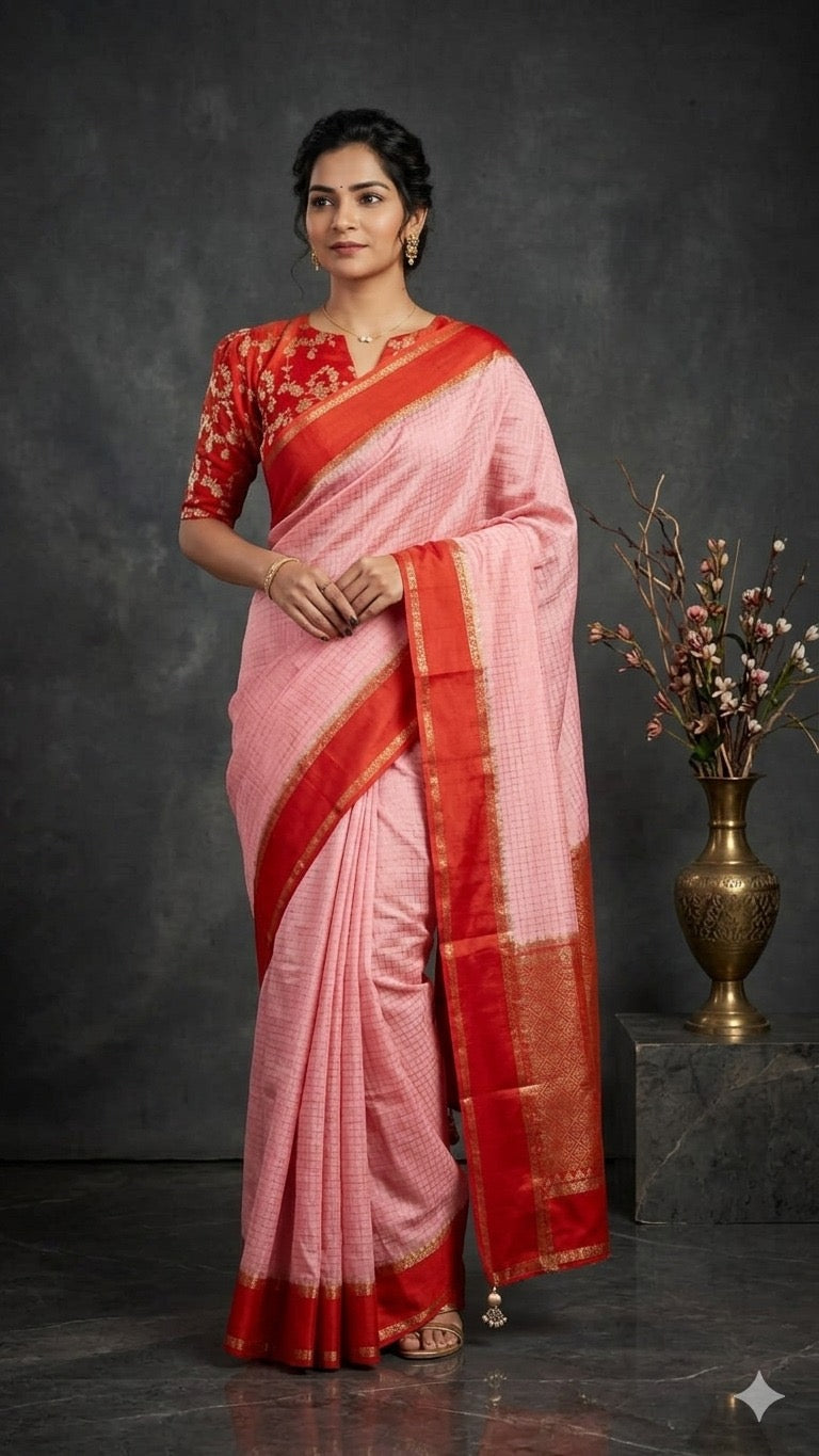 Pastel pink n orange Tussar crepe saree