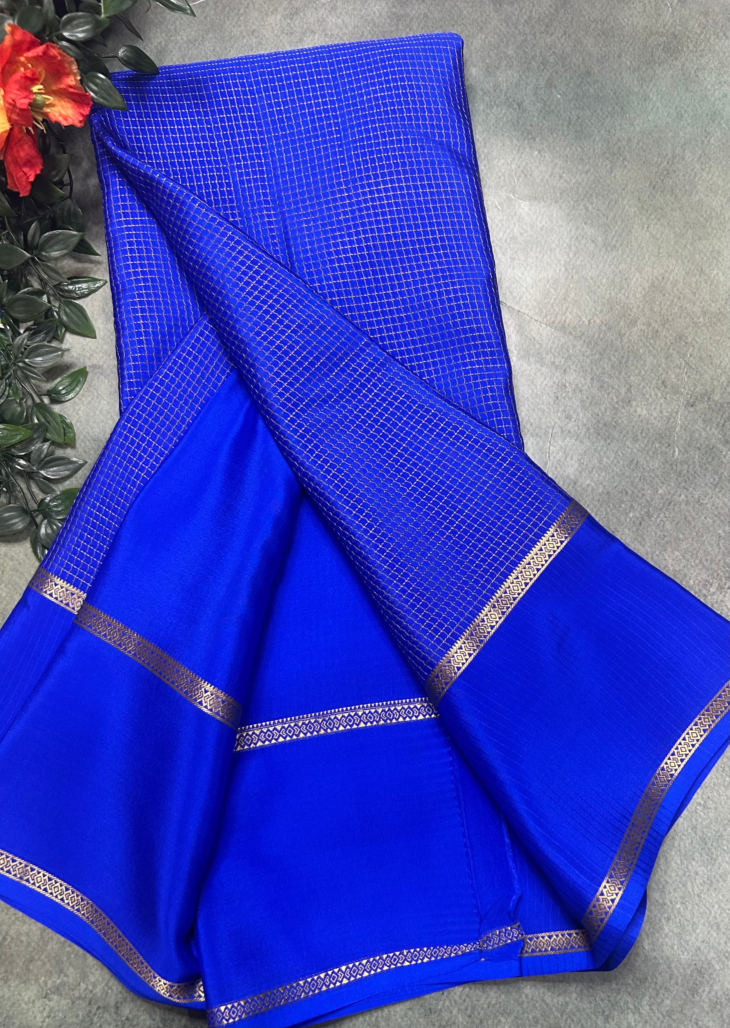 Royal blue small checks n bentex border pure Mysore silk 105 saree