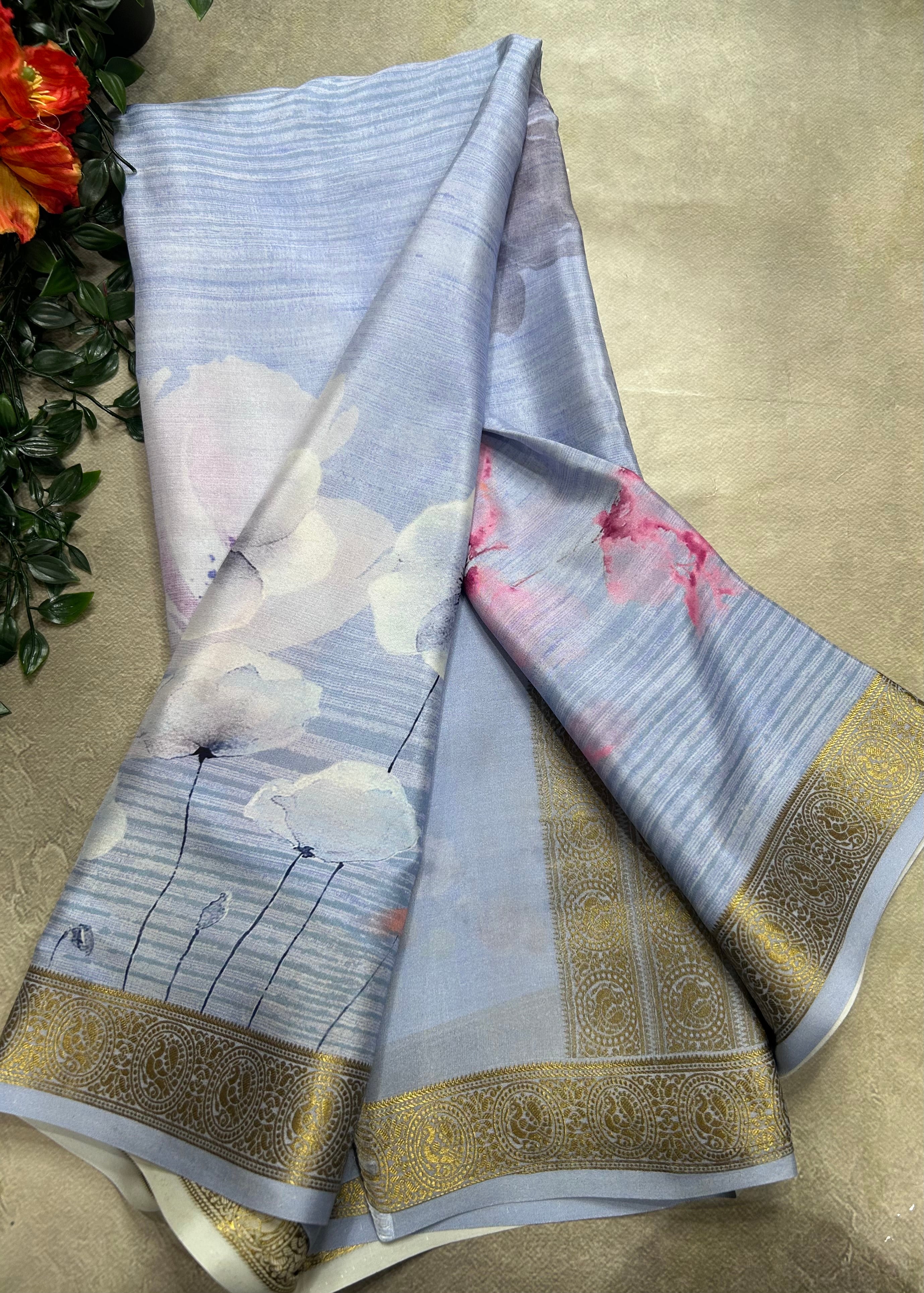 Pastel blue digital print pure mysore silk saree(DMS106)