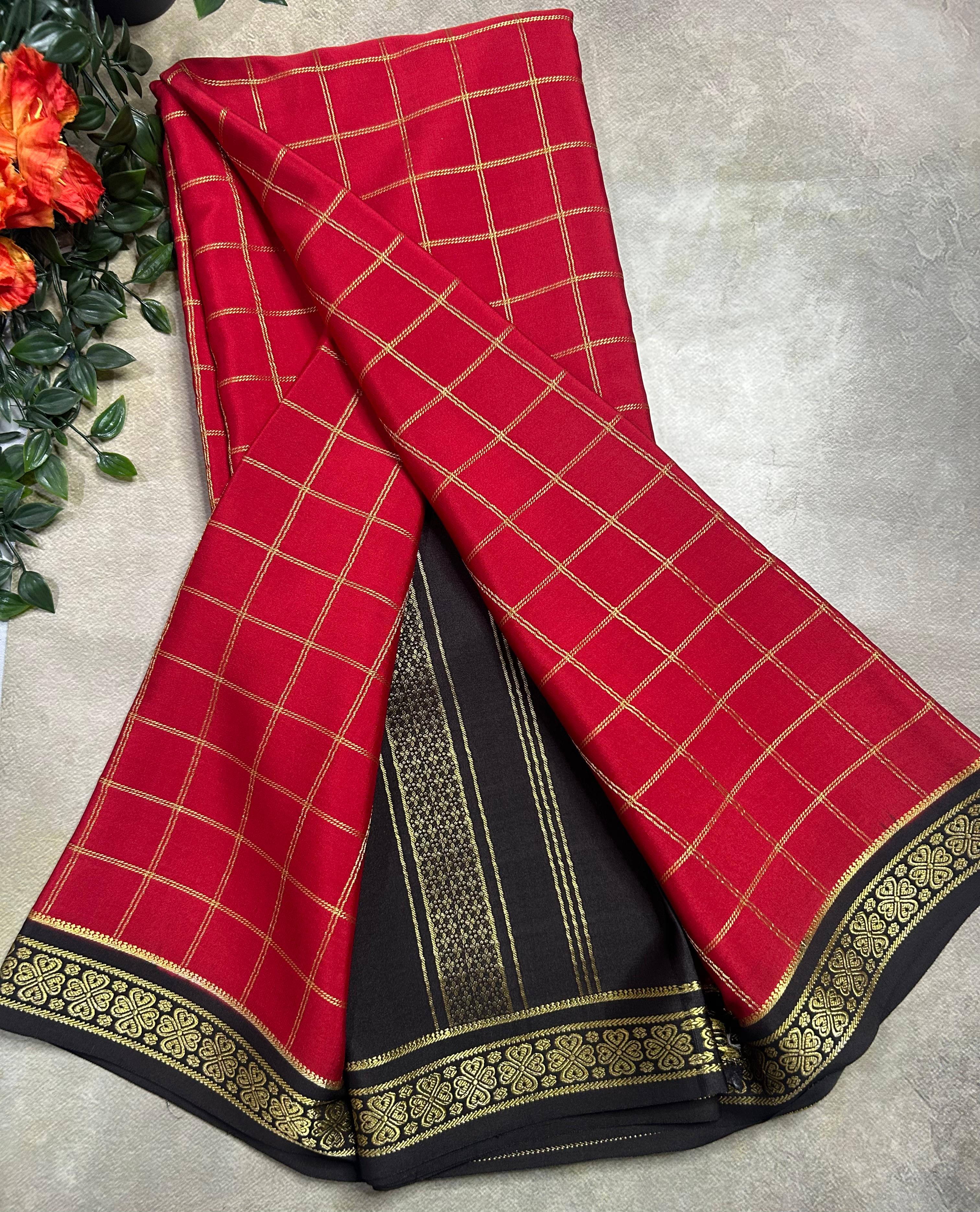 Red checks pure css zari Mysore silk 105 saree