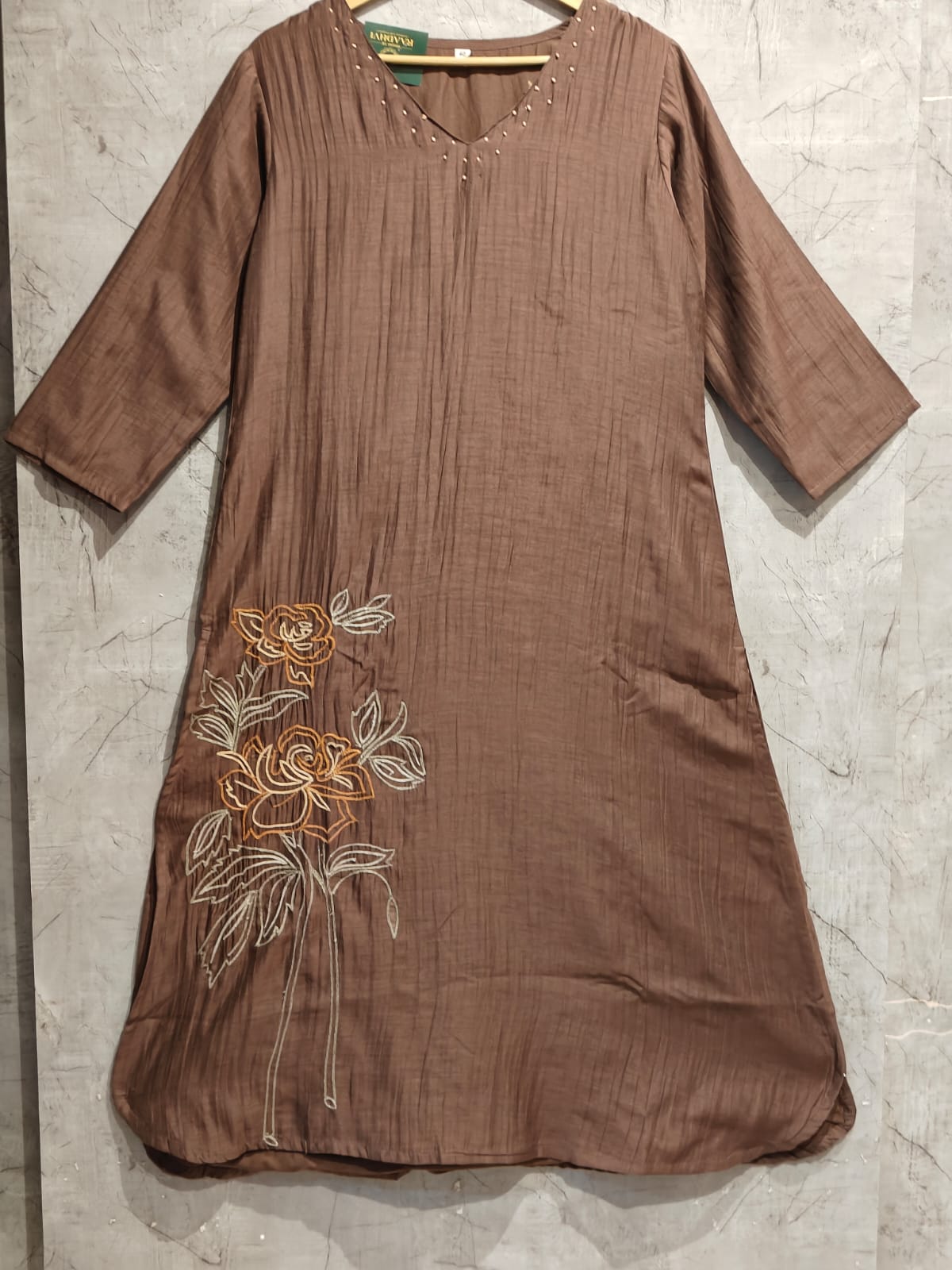 Brown Mul Chanderi Thread Embroidery A Line Kurtha 63
