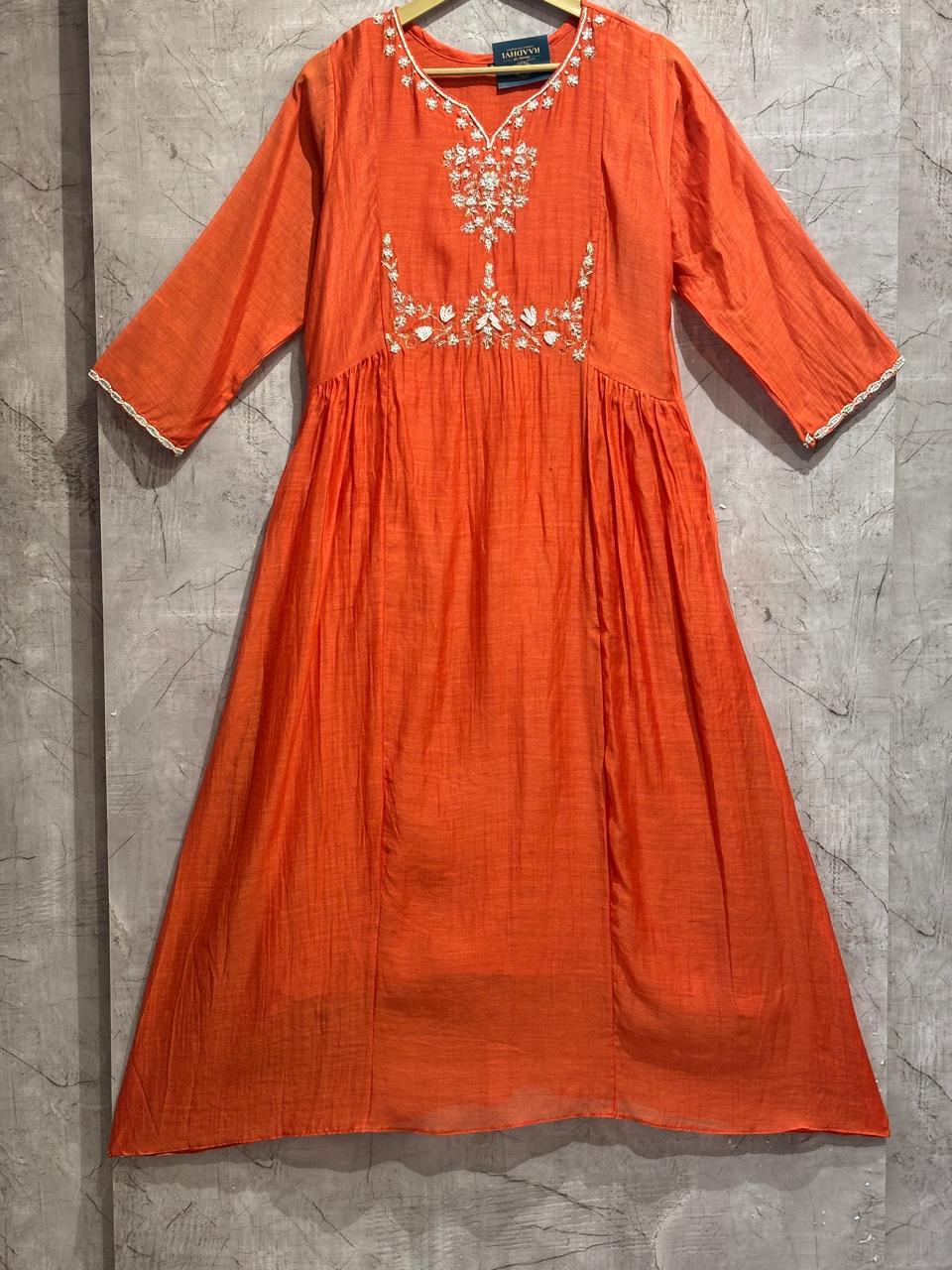 Orange  Mul Chanderi silk Kurtha 765 with Handwork Embroidery