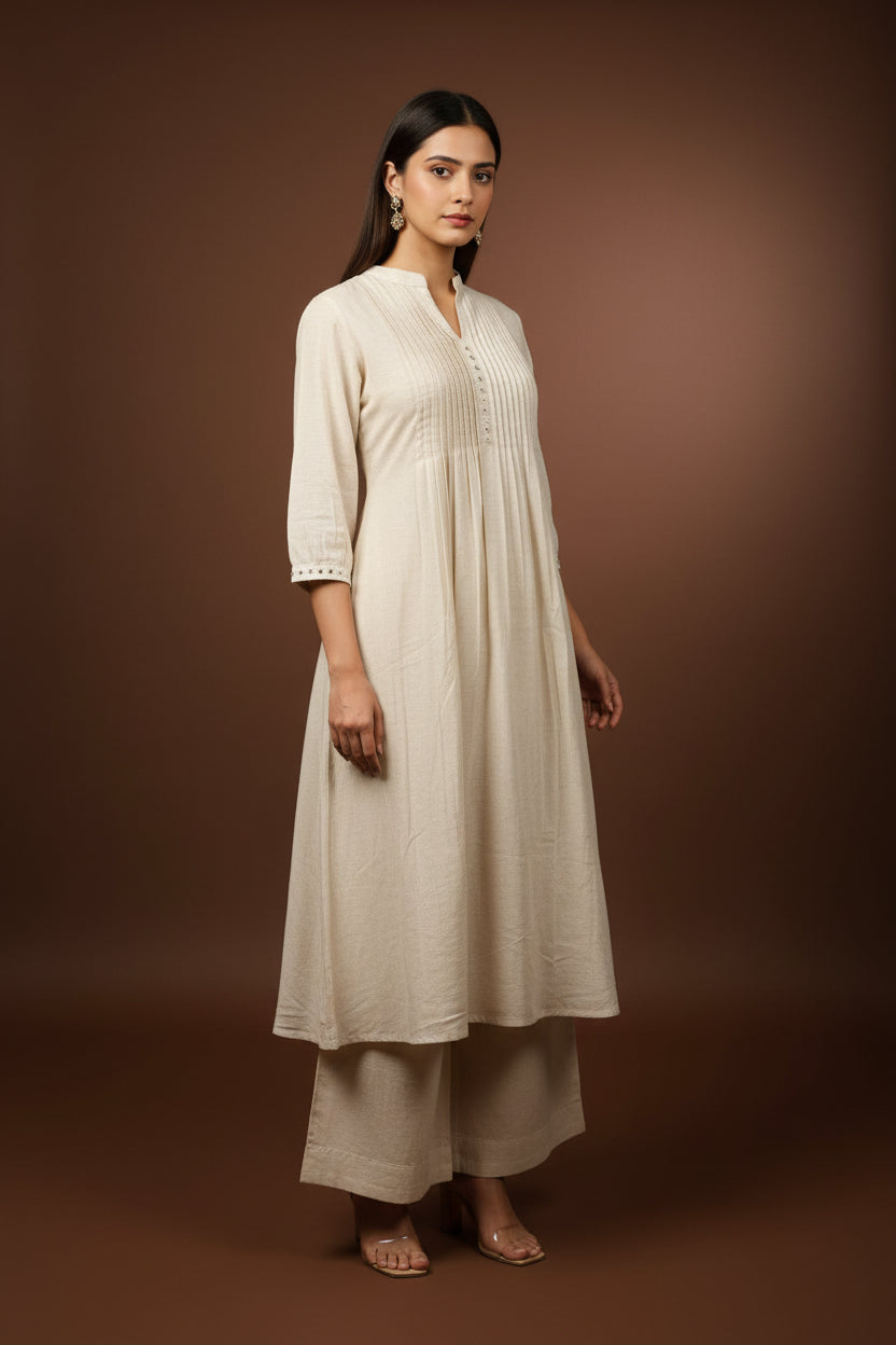 White Cotton Hand Embroidery Cord Set Kurtha 487