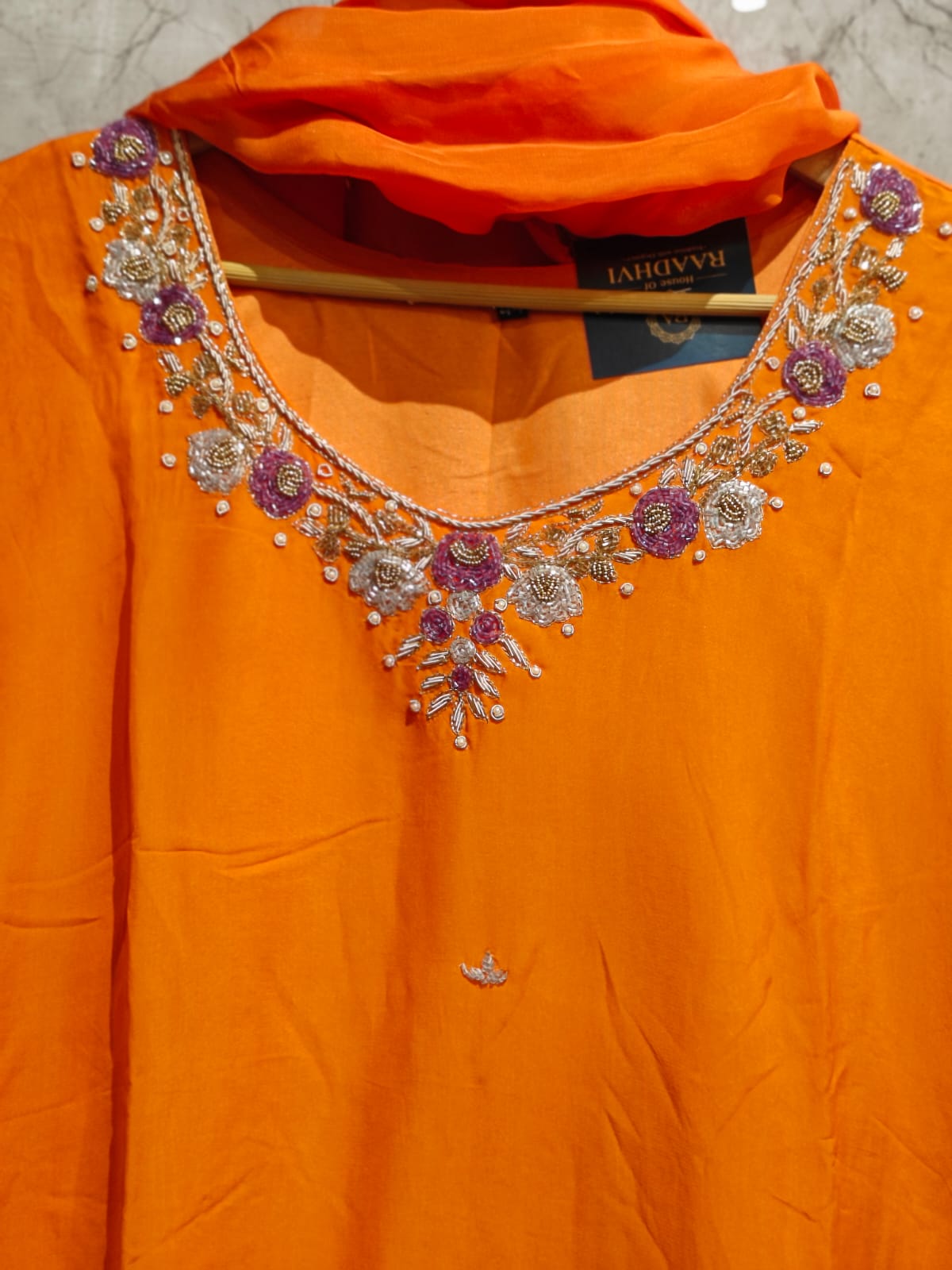 Orange Organza Designer Handwork  Kurtha set