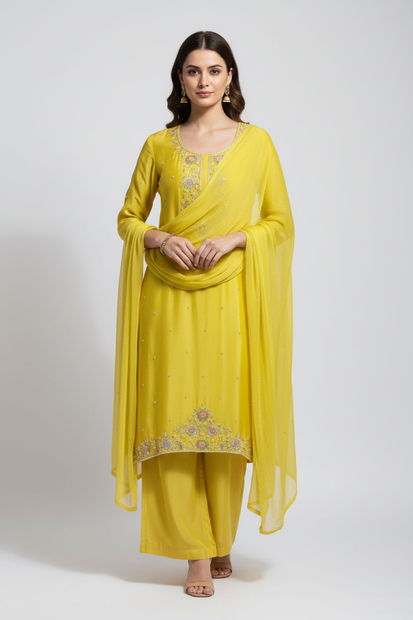 "PARI" Lemon Yellow Designer Kurtha Set with Handwork and Palzoo Pant