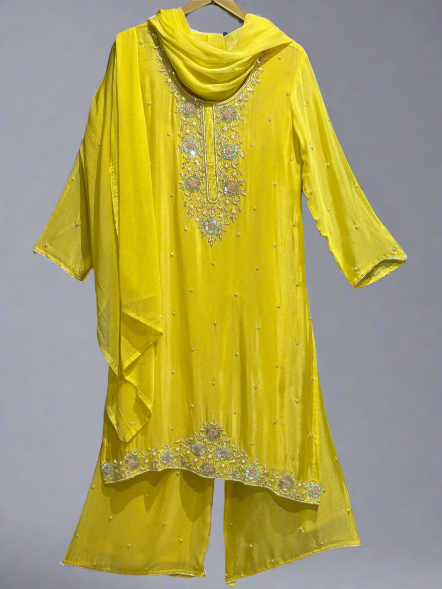 "PARI" Lemon Yellow Designer Kurtha Set with Handwork and Palzoo Pant