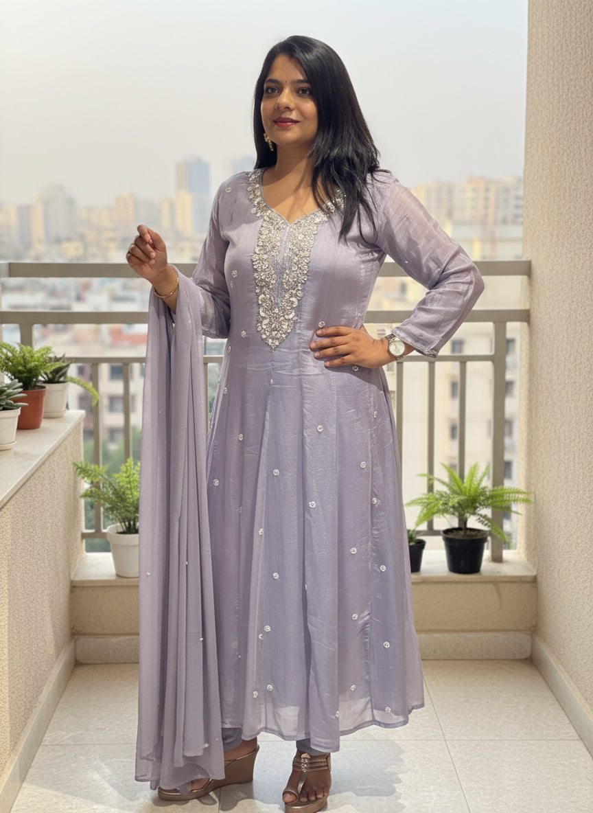 Lilac Anarkali Chinnon Hand Embroidery Kurtha 567