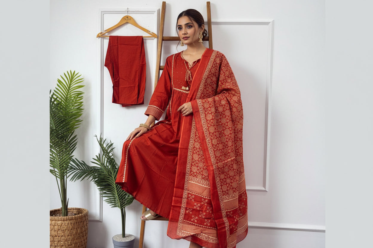 "Naya" Orange Cotton thread embroidery  kurtha 919