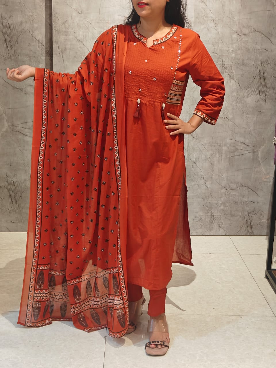 Orange Cotton Embroidery Straight Fit Kurtha 606