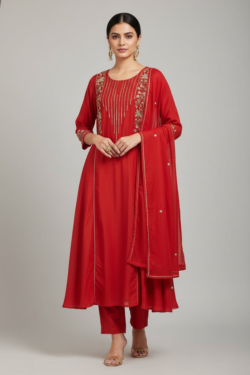 Maroon Mul Chanderi Silk Airline Handwork Kurtha 434