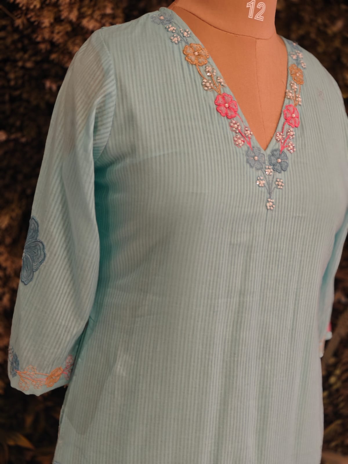 Blue Mul Cotton Hand Embroidery Airline Kurtha 203