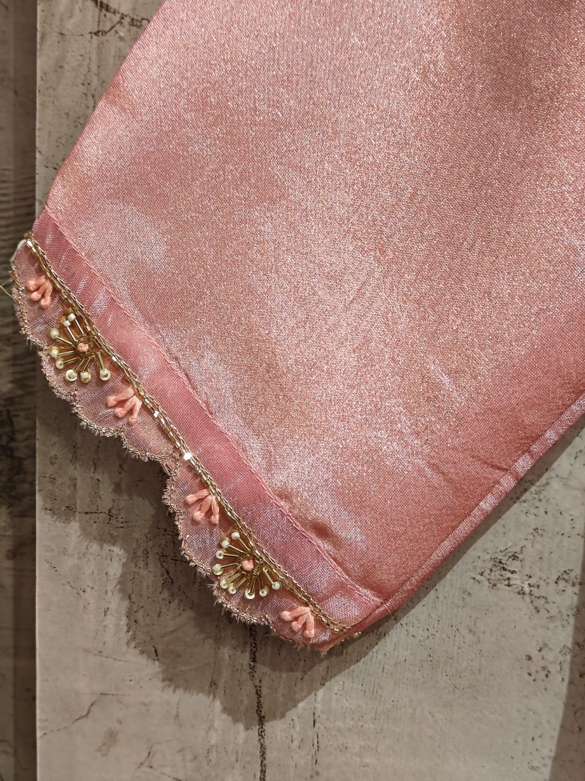 "Chandini" Baby Pink Tissue Shimmer Kurtha with heavy handwork on Sleeves- Plus Size