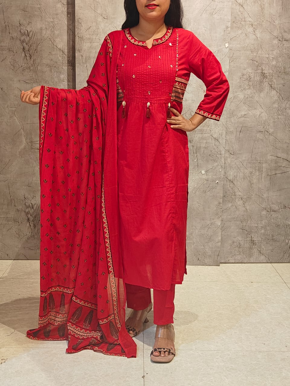 Pink Cotton Embroidery Straight Fit Kurtha 606