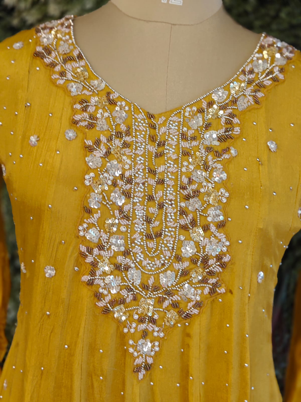 “Pari" Yellow Anarkali chinnon handwork party ware Kurtha 567
