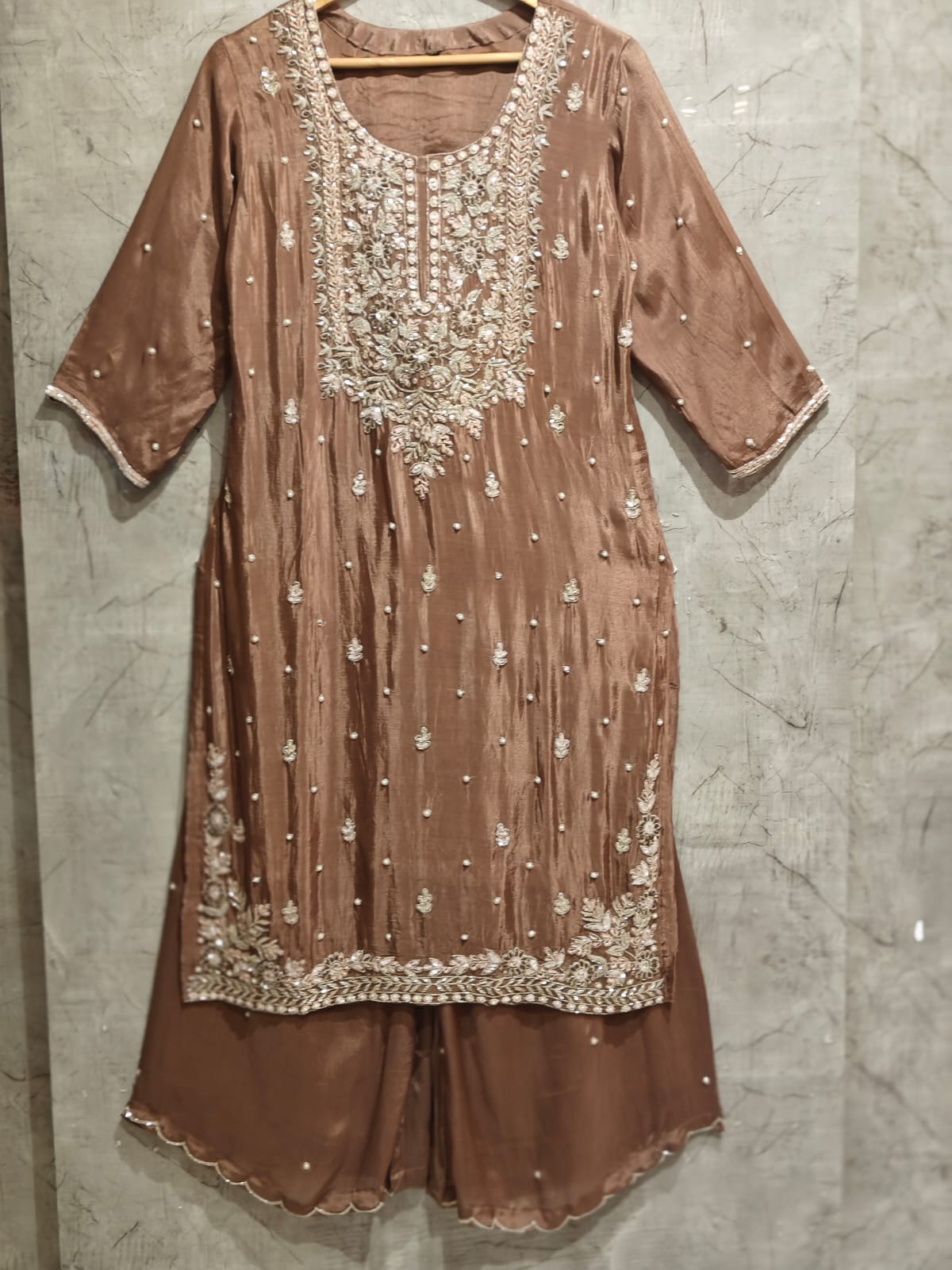 Brown Chinnon Hand Embroidery Sharara Kurtha