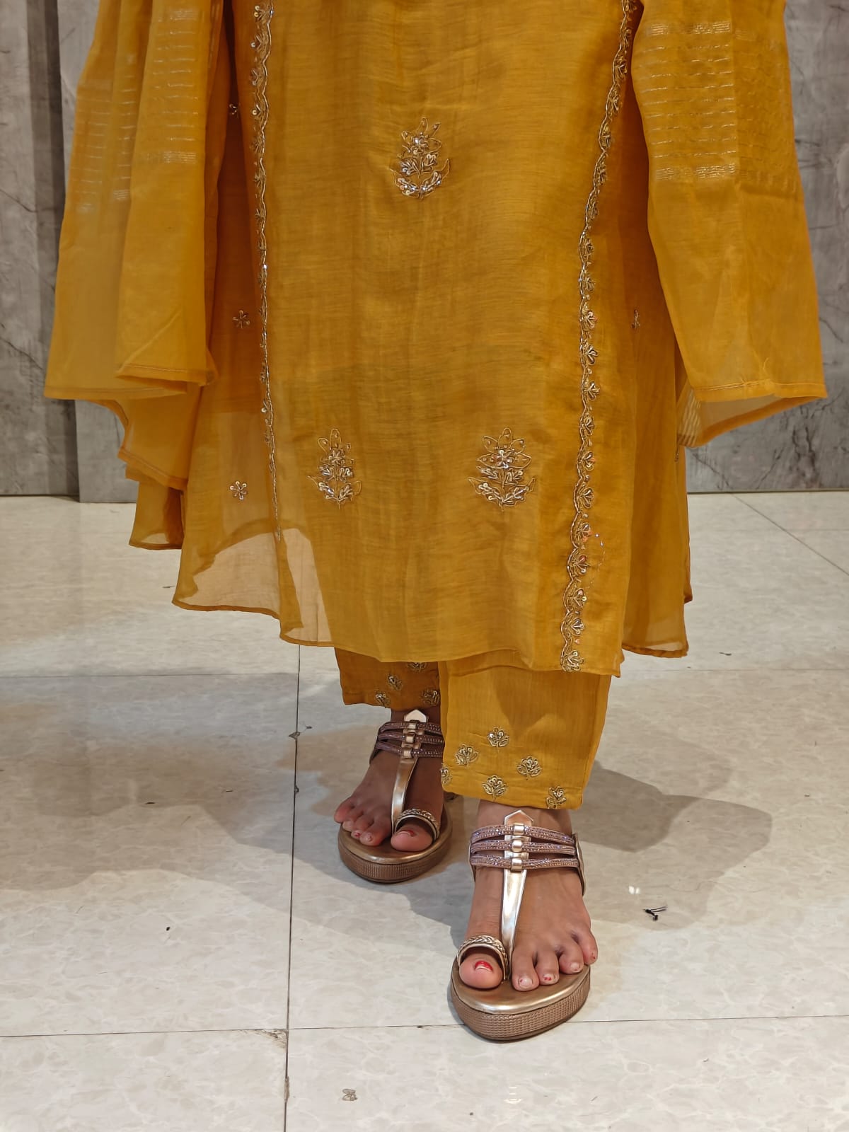 Mustard Yellow Mul Chanderi Hand Embroidery Airline Kurtha