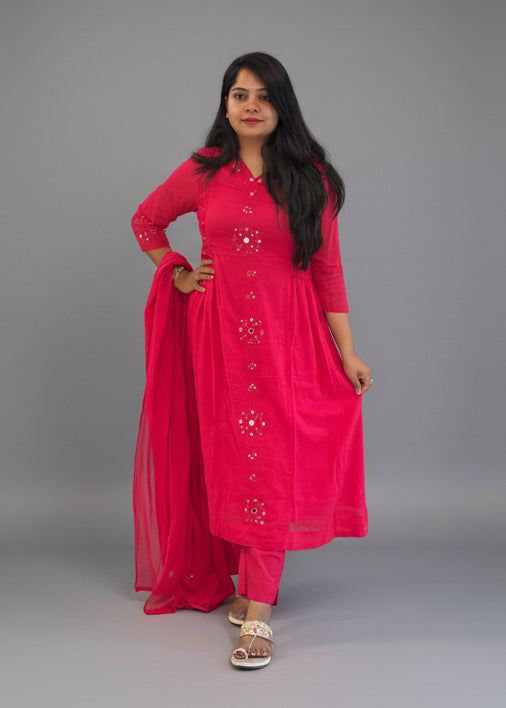 Pink Cotton Anarkali Mirror Work Kurtha 643