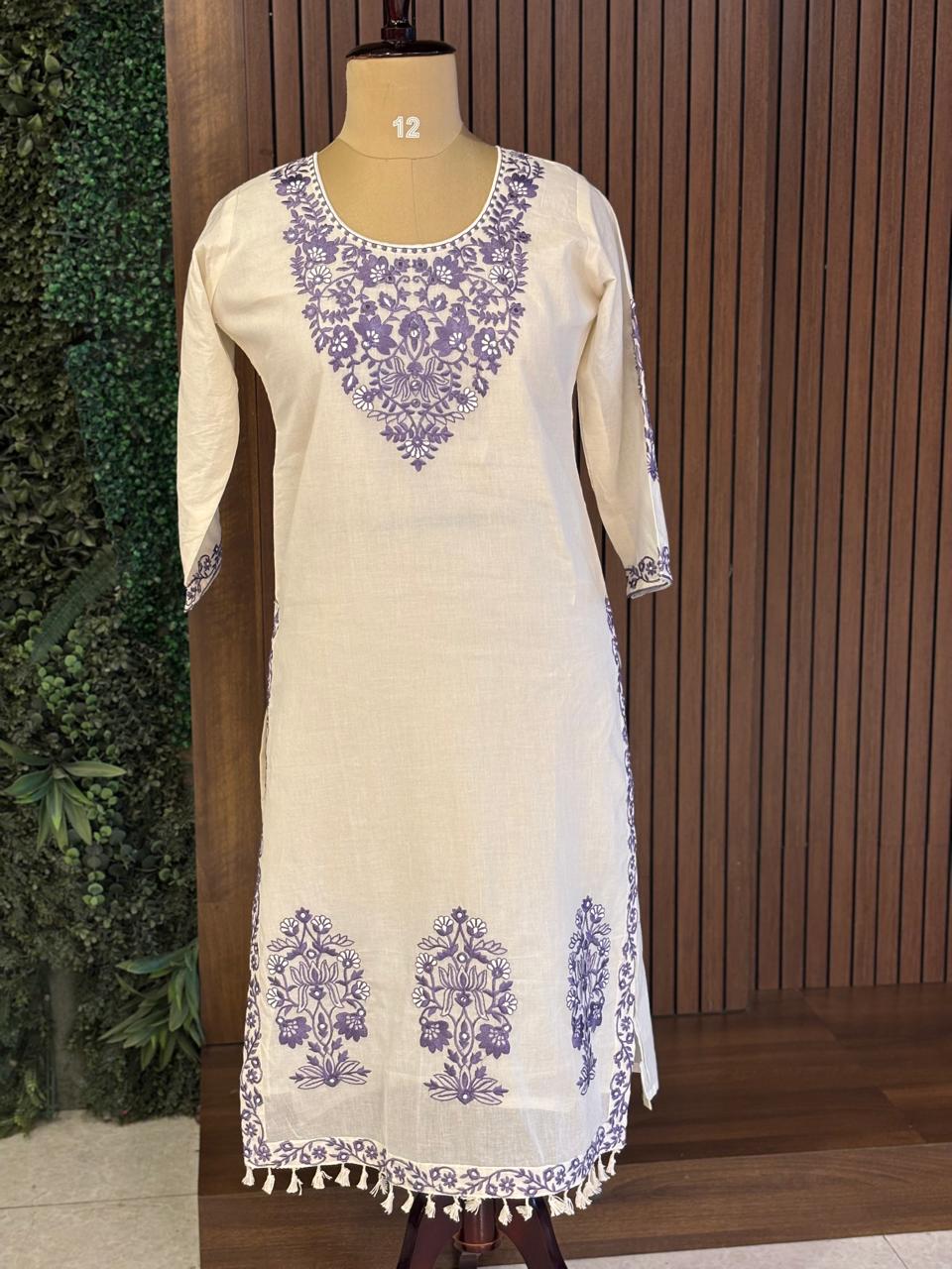 White Cotton Thread Embroidery Work Straight Fit Kurtha 482