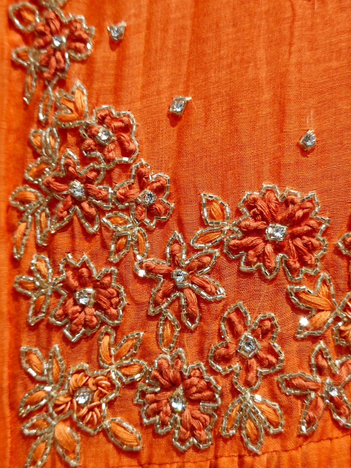 “Pani" Orange  Mul Chanderi silk Kurtha suit with work hand embroidery 898