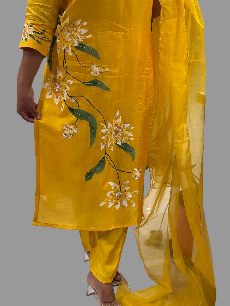 Yellow Dola Hand Painted Straight Fit Kurtha 431