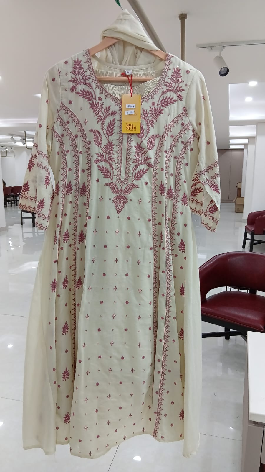 White And Pink Cotton Anarkali Kurtha  151