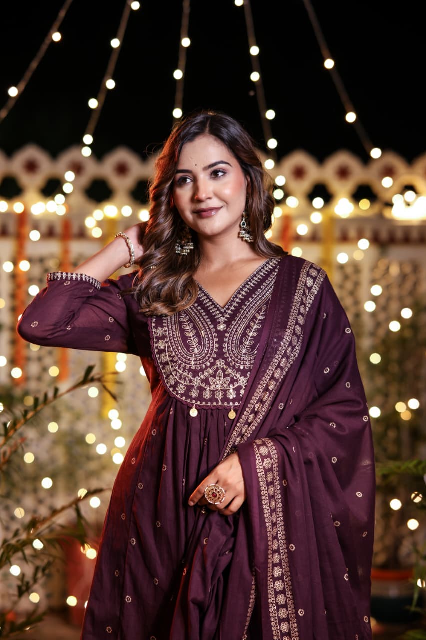 Purple Cotton Hand Embroidery Airline Kurtha 677