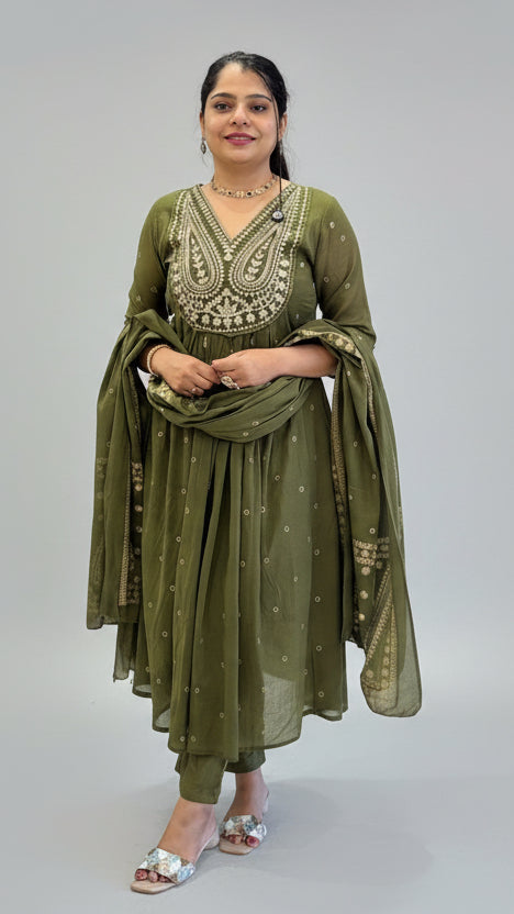 Green Cotton Hand Embroidery Airline Kurtha 677