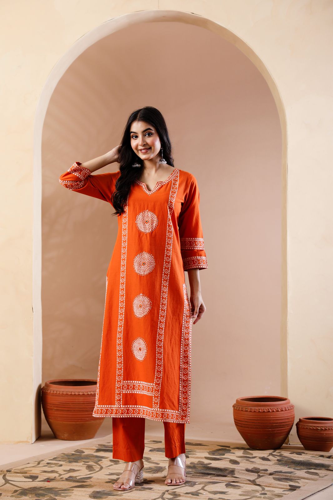 "Naya" Orange Mul Cotton Block Print Straight Fit Kurtha 100