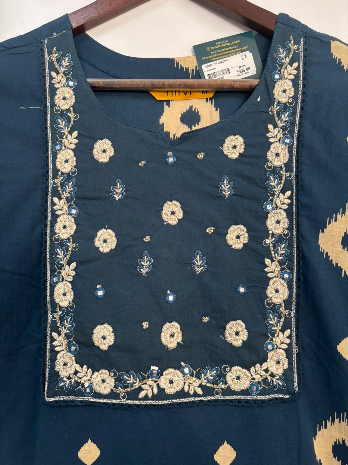 Peacock Blue Cotton Block Print Straight Fit Kurtha