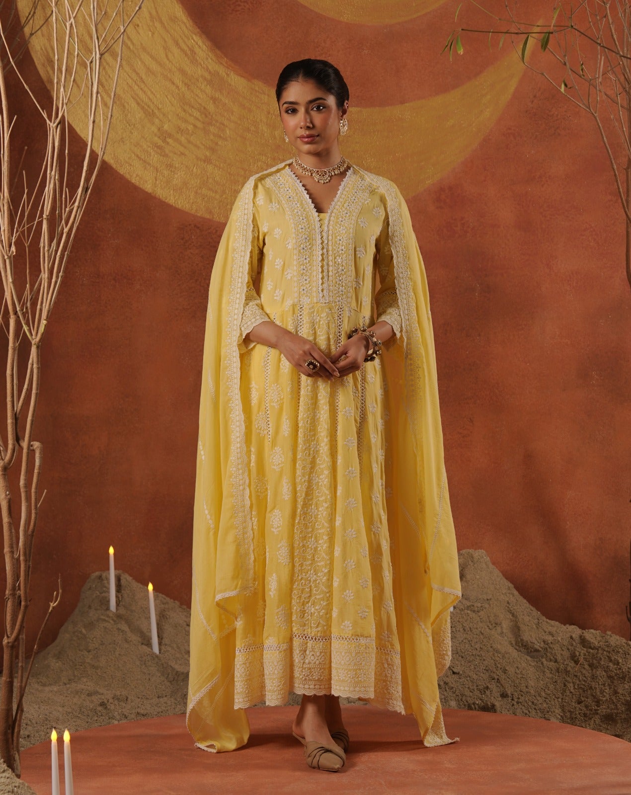 Yellow Cotton Hakkoba Work Anarkali Kurtha 459