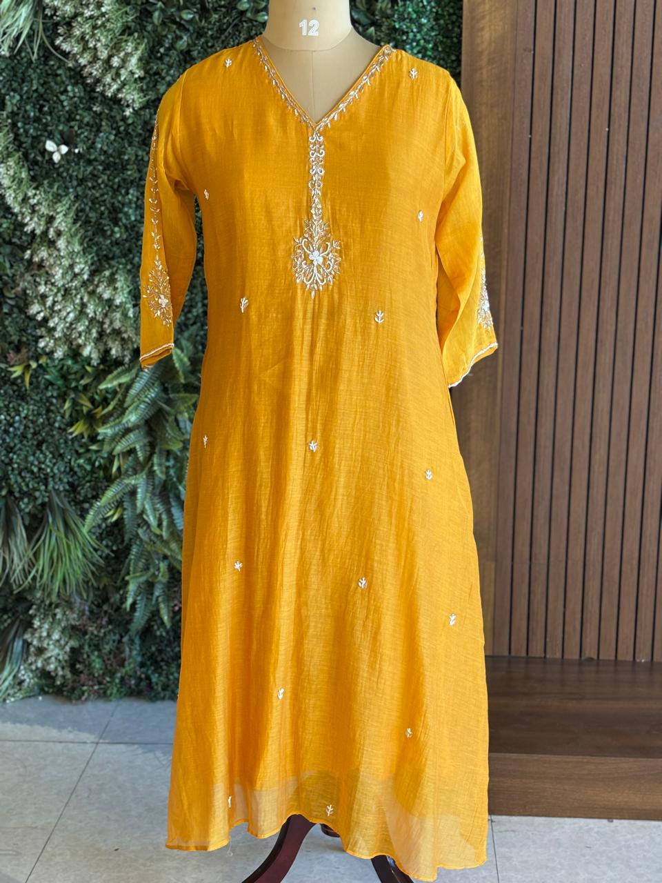 Yellow Mul Chanderi Anarkali Handwork Kurtha 126