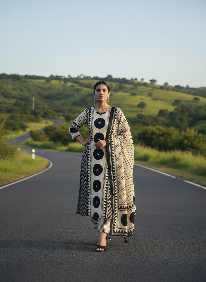 White nd Black Cotton Block Print  Airline Kurtha 101
