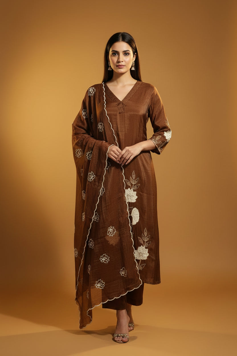 Brown Mul Chandheri A line Kurtha  151