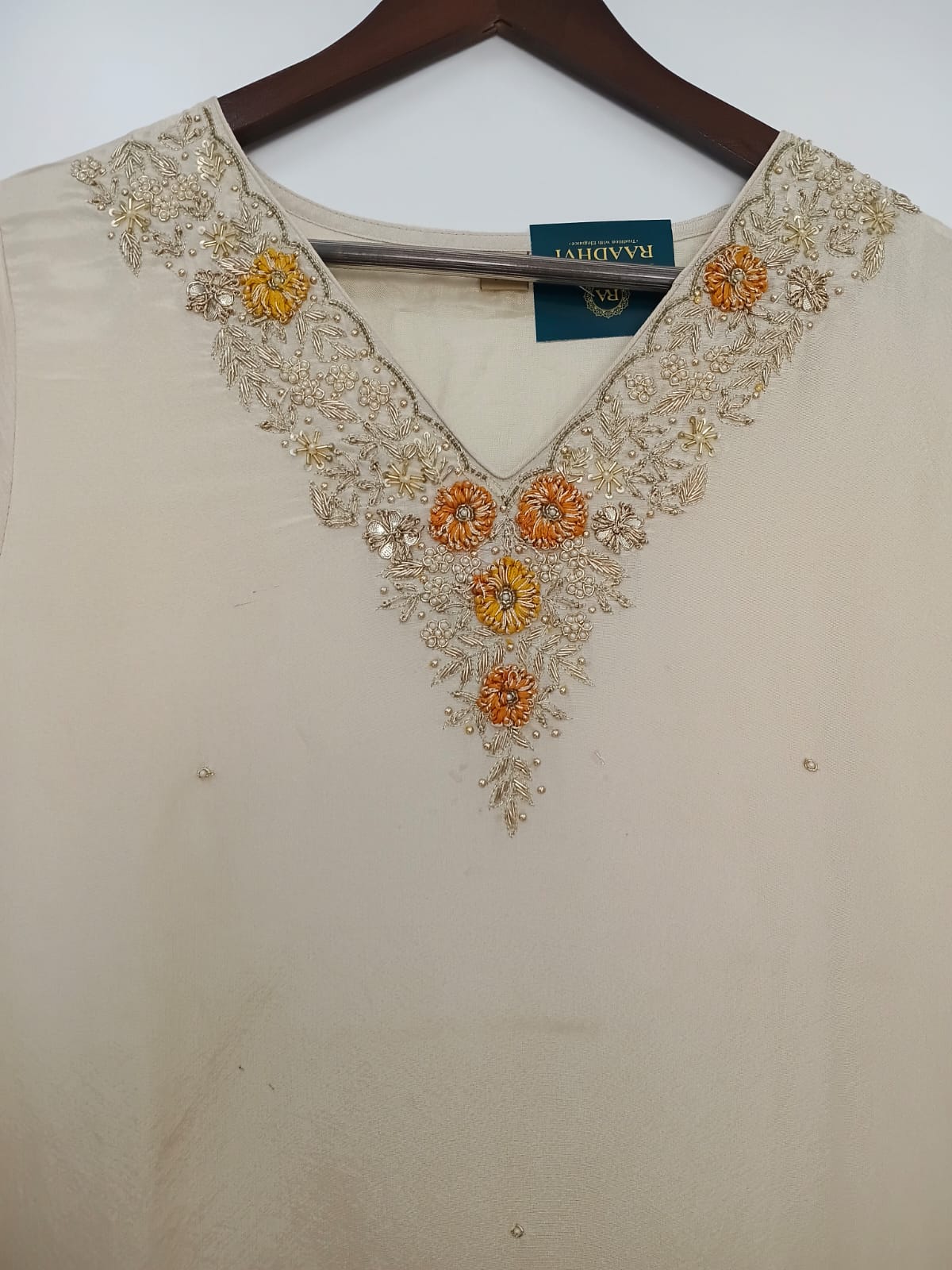 Cream shimmer Hand Embroidery Straight Fit Kurtha 151