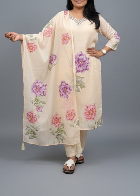 Beige Cotton Hand Embroidery Straight Fit Kurtha 483