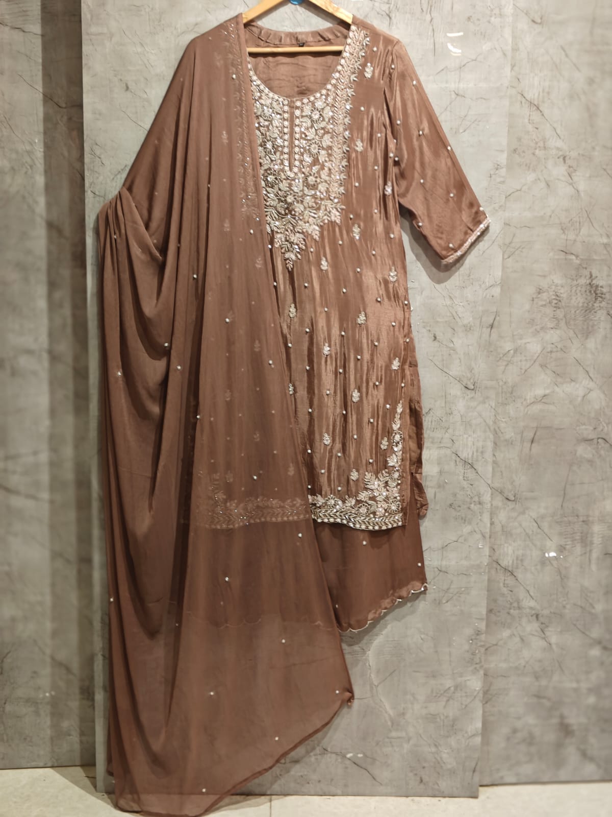 Brown Chinnon Hand Embroidery Sharara Kurtha