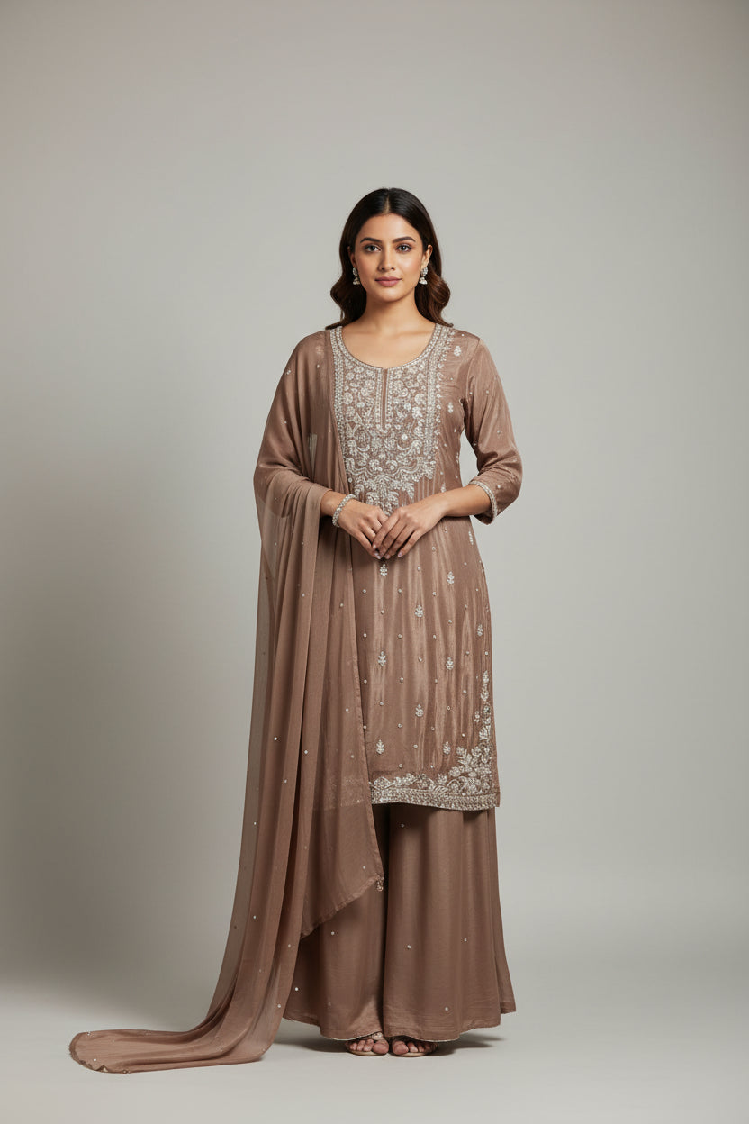 Brown Chinnon Hand Embroidery Sharara Kurtha 301