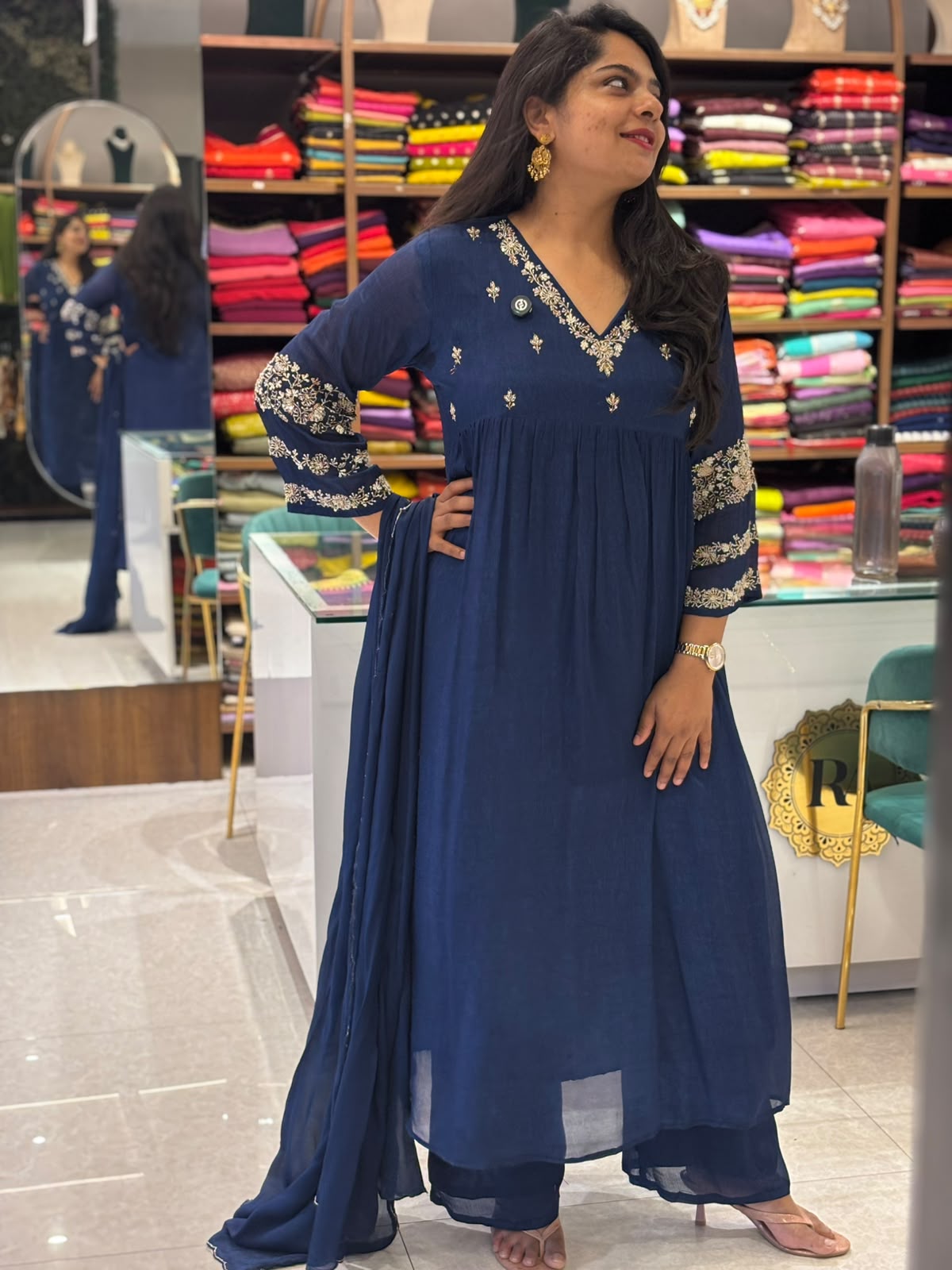 Dark Blue Chinnon Hand Embroidery Airline Kurtha 555