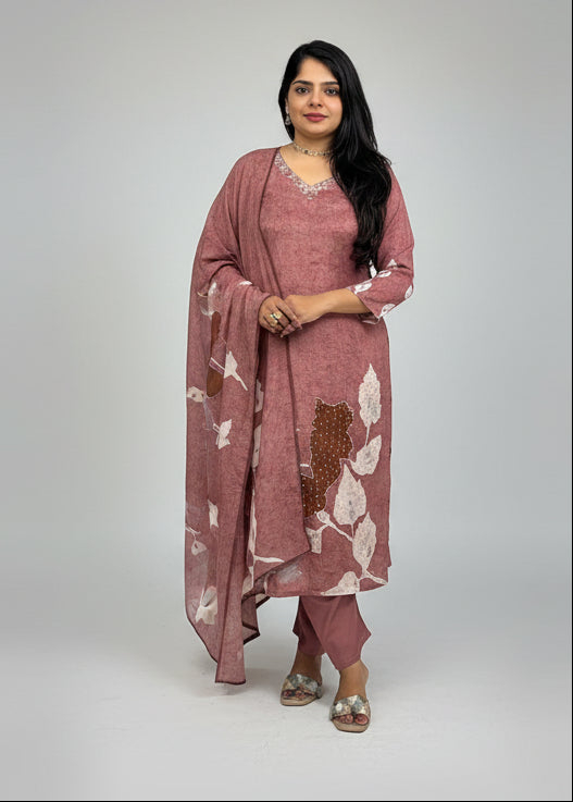Brown Digital Print Handwork Crepe Kurtha 693
