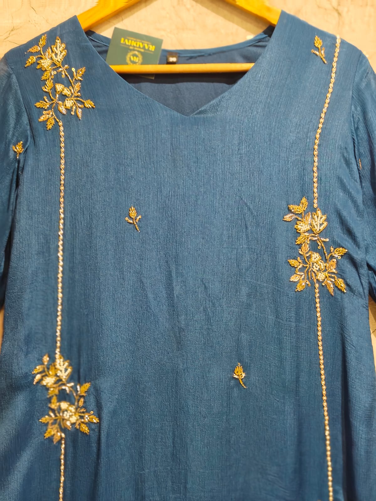 Dark Blue Chinnon Hand Embroidery Airline Kurtha 555