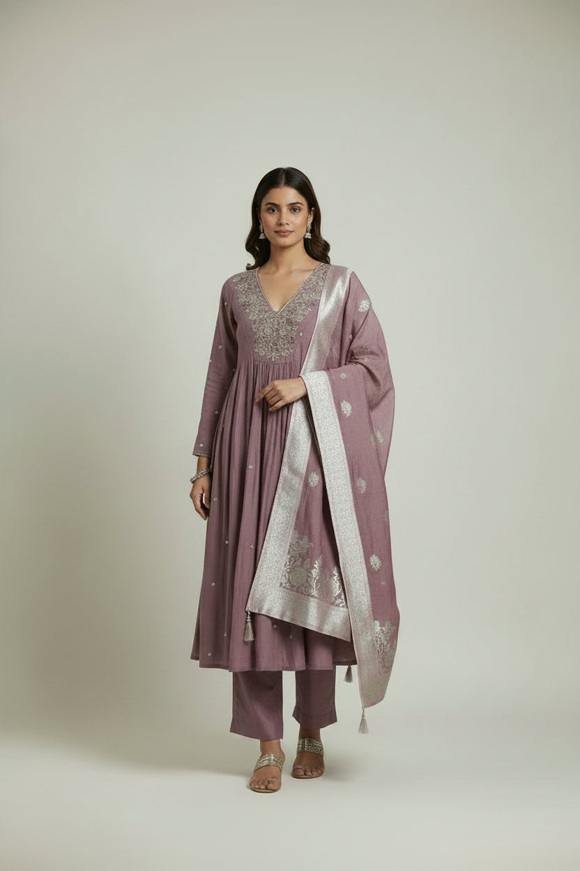 Mul Chanderi Hand Embroidery A Line Kurtha 686