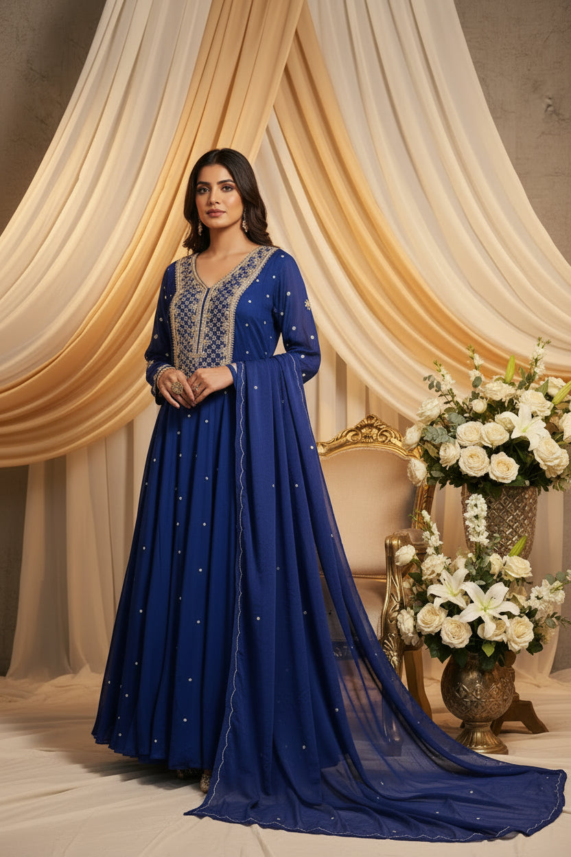 Royal blue Anarkali Chinnon handwork party ware Kurtha 567